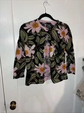 Ann Taylor Black Floral Knit Cardigan with Pink Blossoms
